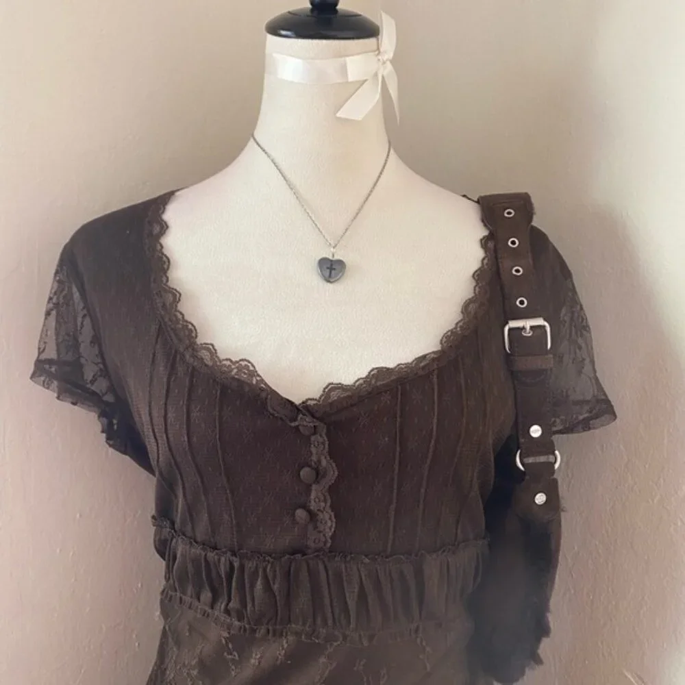 Brown Lace Button-Up Top - Picture 2 of 6